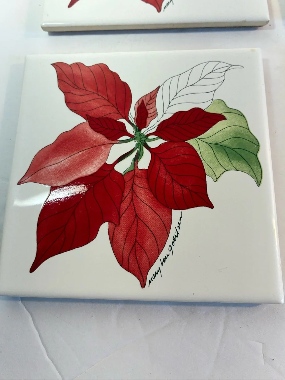 Vintage Mary Lou Goertzen Poinsettia Tile Coasters — Set of 7